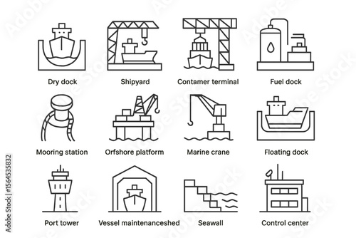 Maritime infrastructure icons: shipyard, dry dock, offshore platform, control center