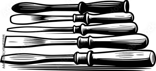 hand drawn illustration of vintage wood carving chisels set with textured handles on white background