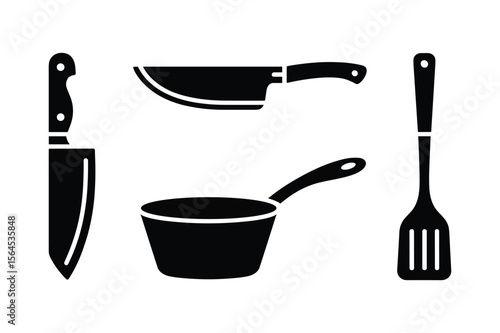 Kitchen Utensils Knife Pot Spatula black white