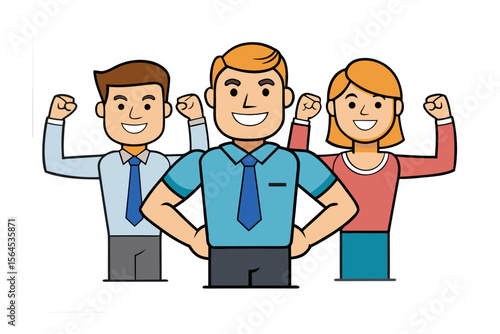 Three diverse cartoon professionals in business attire flex their muscles together celebrating success and teamwork in a vibrant depiction of achievement