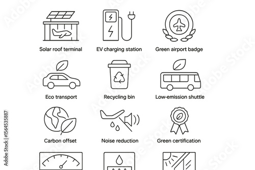 Eco-friendly airport icons with green certification and sustainable transport