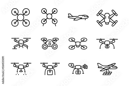 Variety of drone icons illustrating aircraft and aerial technology
