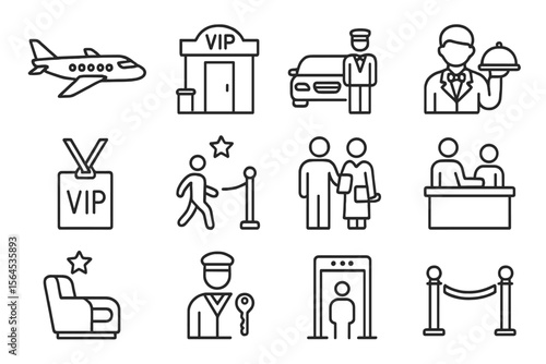 Luxury travel icons set: vip services, airport, concierge, security