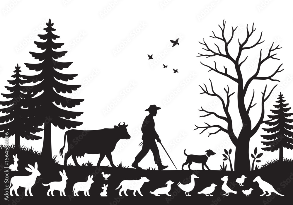 Fototapeta premium Farmer Walking with Animals in Forest Silhouette, Rural Life and Nature Concept