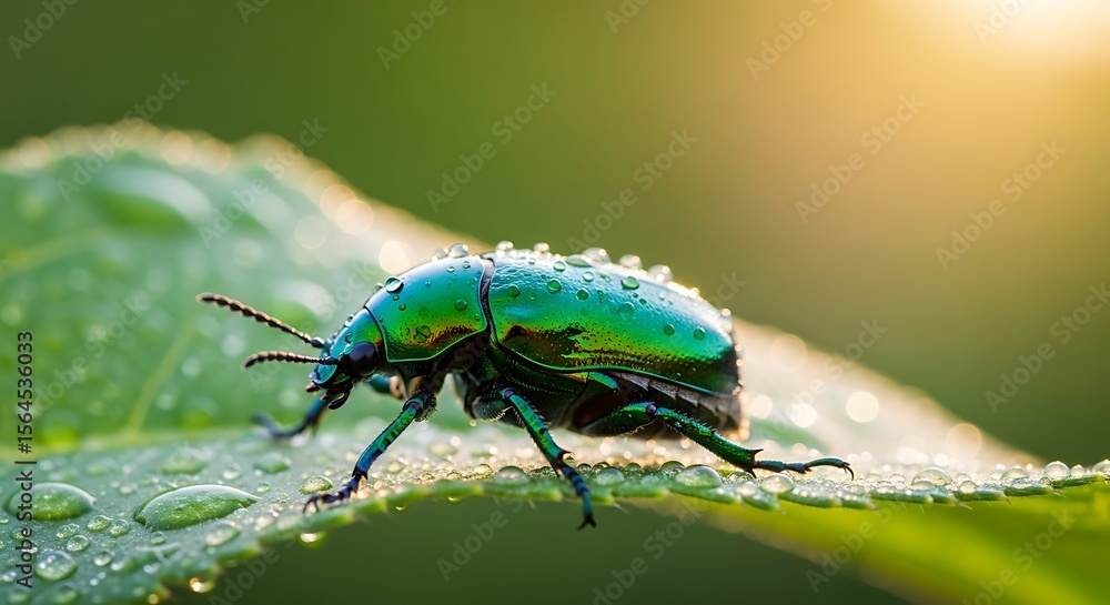 Naklejka premium Macro Close-Up of Green Beetle on Dewy Leaf in Sunlight