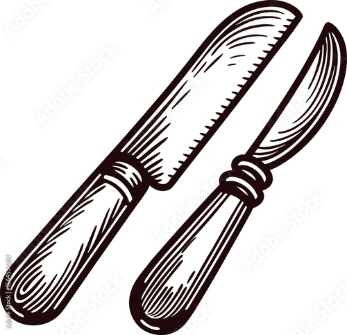Vintage hand drawn illustration of rustic wooden handled knife and serrated blade isolated on white