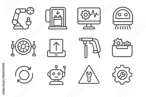 Industrial automation symbols featuring robots and machinery icons