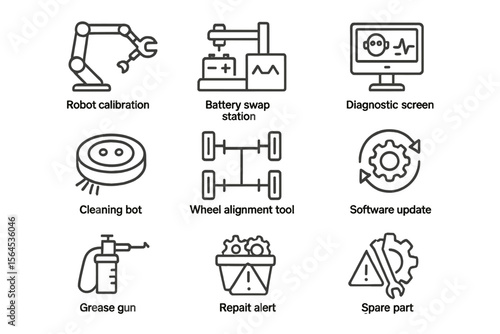 Robotics and maintenance icons: calibration, software, tools, update, spare parts