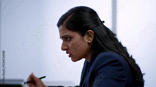 Businesswoman diligently takes notes in a sleek, contemporary office setting. Perfect for business, education, office, corporate, and productivity concepts.