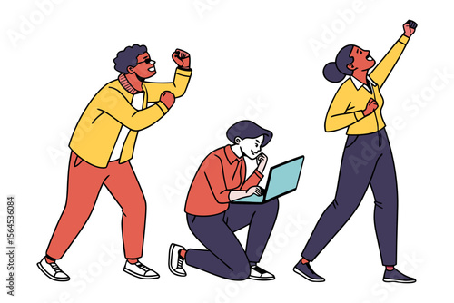 Diverse group of people celebrating success and working collaboratively on a laptop in a modern stylized illustration