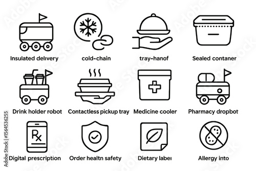 Icons representing modern delivery and healthcare technology concepts