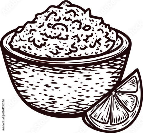 Hand drawn engraved ceramic bowl of cottage cheese with lemon slice on side, vintage illustration