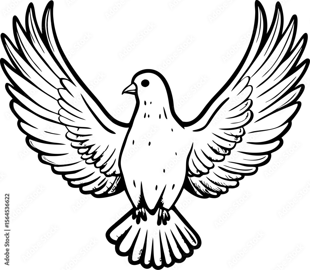 Fototapeta premium Hand drawn flying dove with open wings isolated on white background black and white vintage illustration
