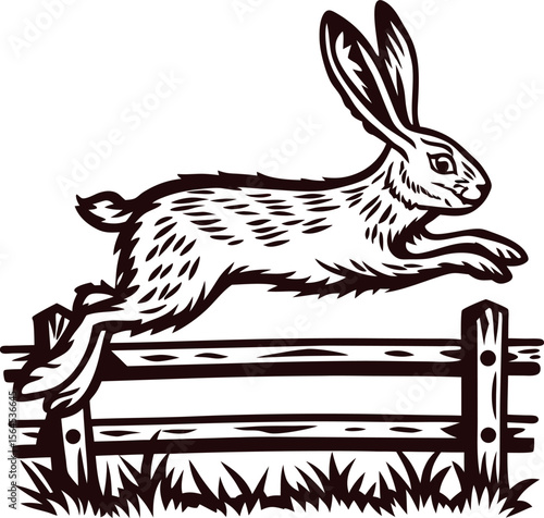 Leaping wild hare over wooden fence in vintage engraved sketch illustration