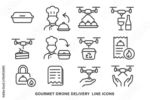 Gourmet drone delivery line icons featuring chefs and drones
