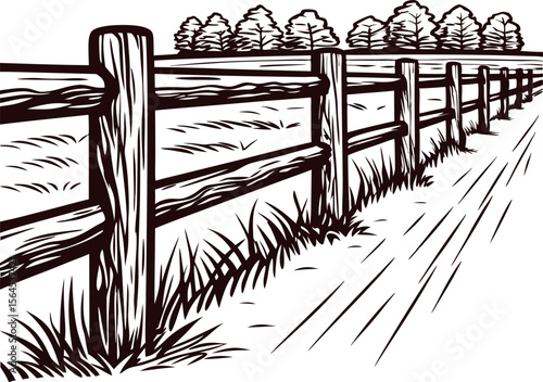 Hand drawn wooden fence in rural landscape with field and trees in the background, vintage sketch