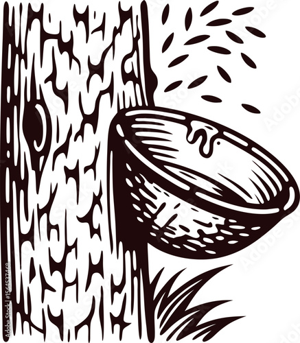 Hand drawn illustration of rubber tree tapping with collecting cup and dripping latex sap