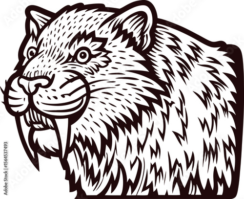 Detailed engraved illustration of a saber toothed tiger head in vintage