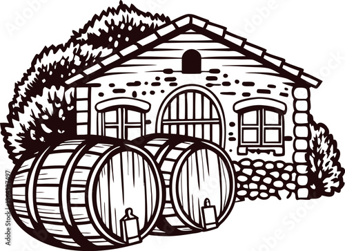 Vintage engraved illustration of rustic stone house with wooden barrels and dense shrubbery