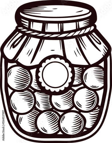 Hand drawn glass jar filled with preserved fruits and decorative lid in vintage engraved illustration