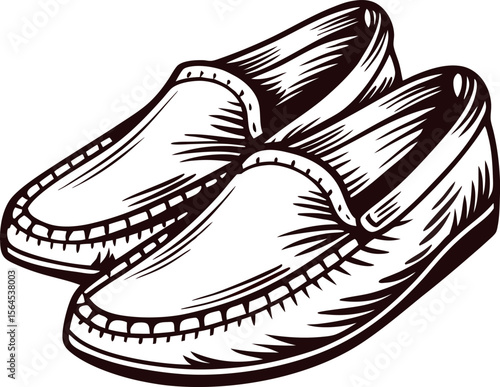 hand drawn illustration of classic men’s slip on loafers in vintage engraved