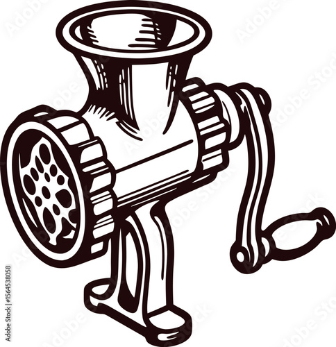 Vintage hand drawn meat grinder with handle in retro engraving isolated on white background