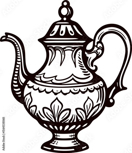 Ornate antique teapot with floral engraving and decorative vintage handle illustration