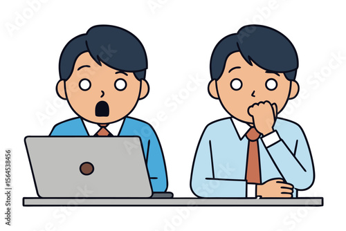Two cartoon businessmen reacting with shock and surprise to something they see on a laptop screen at their desk