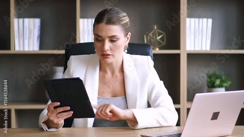 Businesswoman multitasking with tablet and laptop in office. Suitable for business, technology, work, entrepreneur, and multitasking concept designs