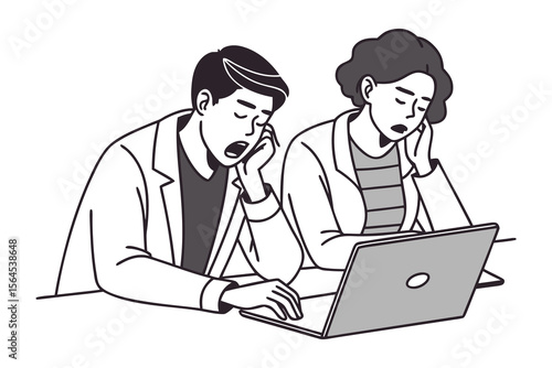 Two exhausted colleagues slump over a laptop yawning and looking bored during a long work session