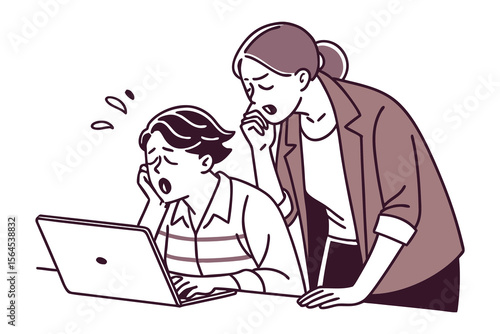 Two colleagues looking stressed and overwhelmed while working together on a laptop in an office setting