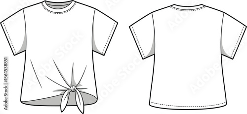 Women’s knotted crop tee CAD drawing flat vector illustration, front & back view, crew neck, short sleeves, tied hem, casual fashion apparel technical sketch