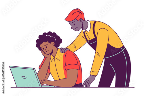 A supportive colleague places a comforting hand on the shoulder of a discouraged coworker struggling with a laptop