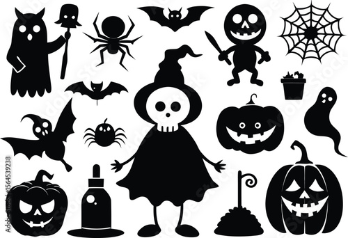 Halloween noir Silhouette Clipart ensemble de pompe fantôme squelette de sorcière araignée