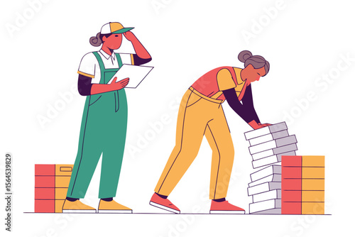 Two workers in colorful overalls one checking a clipboard and the other struggling to stack boxes representing logistics and labor