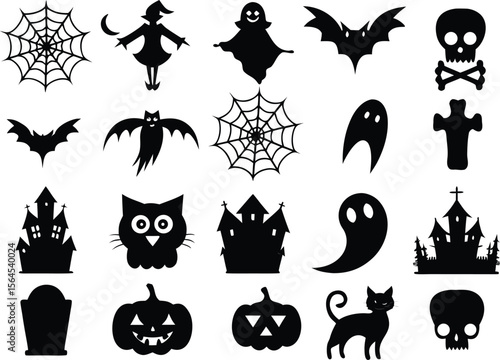 Halloween noir Silhouette Clipart ensemble de pompe fantôme squelette de sorcière araignée