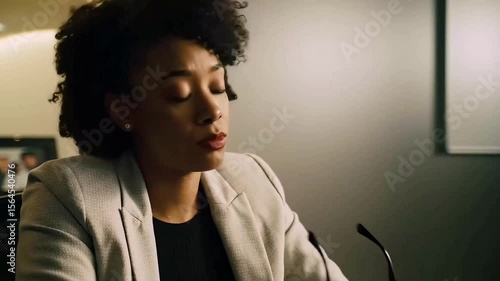 Pensive woman in beige blazer holding eyeglasses. Suitable for articles, blogs, and social media posts about professionalism and introspection.