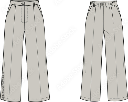 Pants design sketch, casual trousers flat illustration, zipper and elastic waistband detail, garment front and back views, cad drawing flat vector illustration