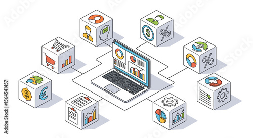 Visualizing data insights across multiple cubes connected to a central laptop screen