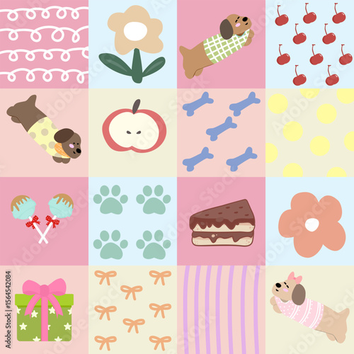 Colorful playful patterns with pets and flowers.