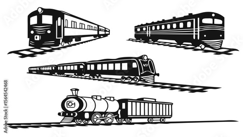 Silhouette Collection of Trains and Railway Vehicles in Natural Poses, Isolated on Clean White Background for Transport and Travel Vector Design