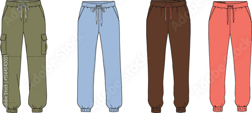  Collection of colorful jogger pants, cargo style, drawstring waist, casual wear, fashion bottoms, comfy fit, modern trendy streetwear flat vector illustration