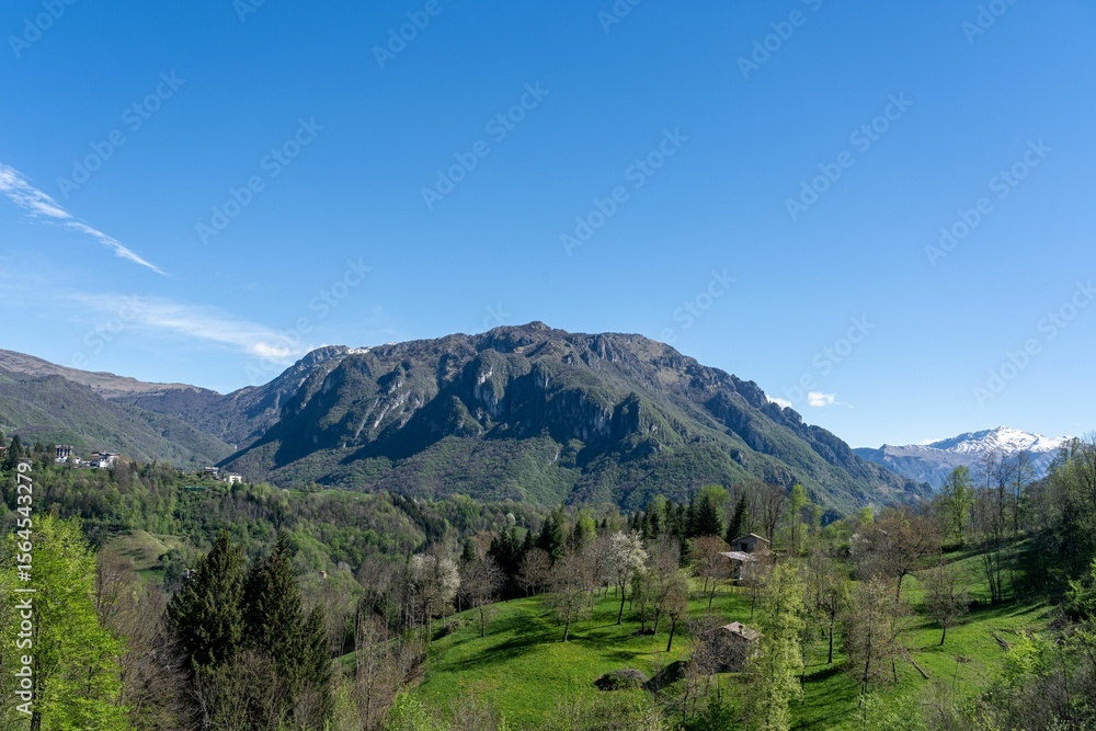 Fototapeta premium Lush green hills and mountains under a blue sky.