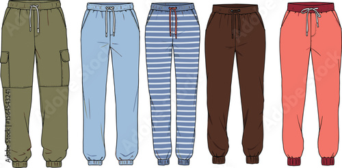 Stylish jogger pants collection, striped patterns, cargo design, drawstring waist, casual wear, comfy fit, fashion trousers for everyday flat vector illustration