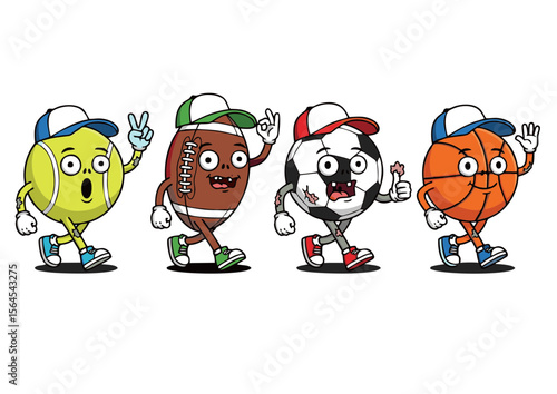 Four Cartoon Sports Balls Walking Wearing Caps Tennis Football Soccer Basketball Funny Expressions.