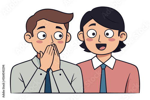 Two cartoon business people with one covering their mouth in surprise and the other looking excited and happy