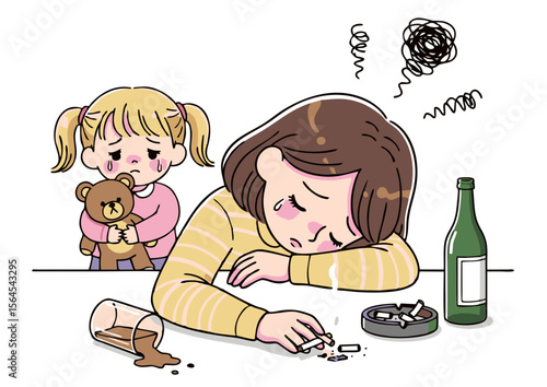 Depressed Woman with Cigarette Alcohol and Worried Expression.