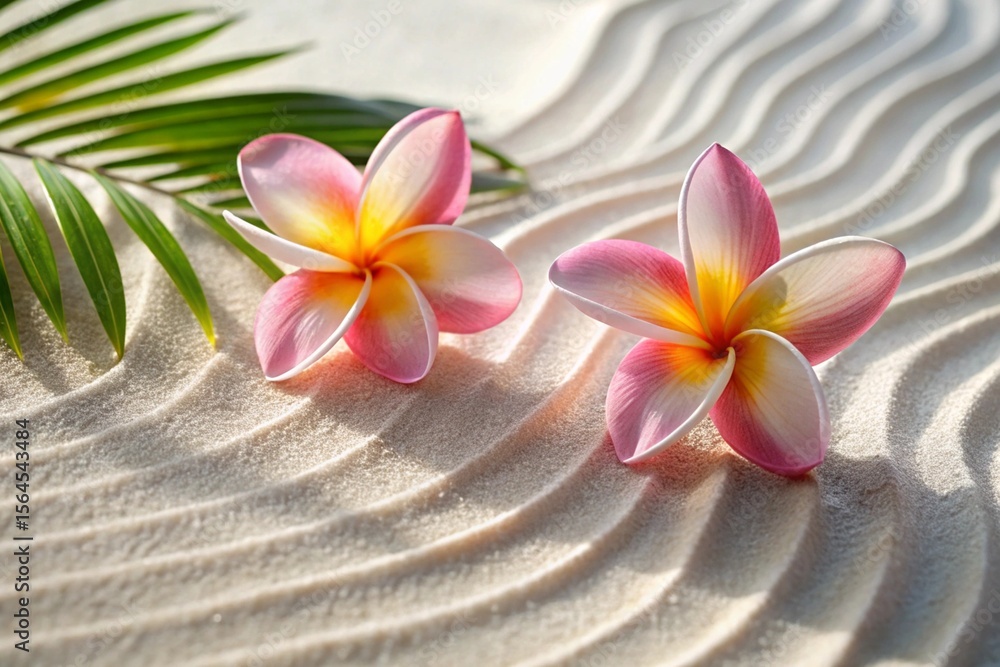 Two delicate pink and yellow plumeria flowers rest on a textured white sand beach, creating a serene and tropical scene Two delicate pink and yellow plumeria flowers rest on a textured white sand beach, creating a serene and tropical scene