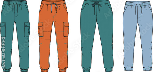 Stylish cargo and jogger pants collection, drawstring waist, casual unisex trousers, side pockets, modern design, comfortable, fashion-ready wear flat vector illustration