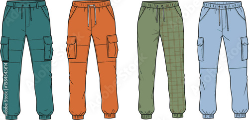 Trendy cargo jogger pants collection, multiple colors, side pockets, drawstring waist, casual streetwear style, unisex fashion, relaxed fit flat vector illustration